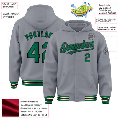 Custom Gray Kelly Green Black-Cream Bomber Full-Snap Varsity Letterman Hoodie Jacket