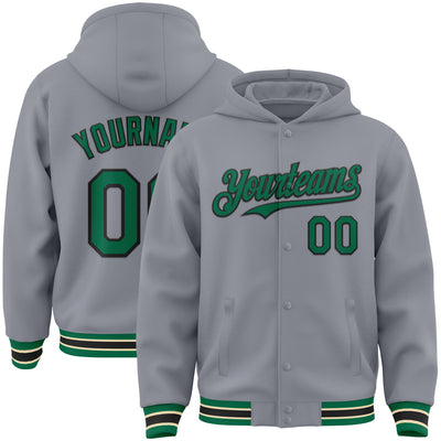 Custom Gray Kelly Green Black-Cream Bomber Full-Snap Varsity Letterman Hoodie Jacket