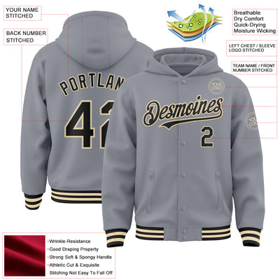 Custom Gray Black-Cream Bomber Full-Snap Varsity Letterman Hoodie Jacket