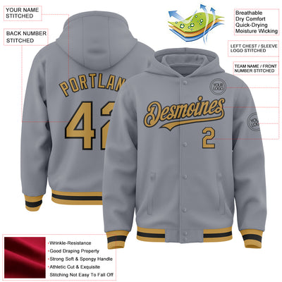 Custom Gray Old Gold-Black Bomber Full-Snap Varsity Letterman Hoodie Jacket