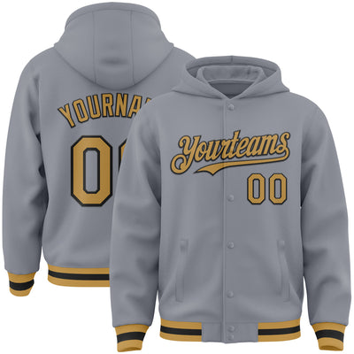 Custom Gray Old Gold-Black Bomber Full-Snap Varsity Letterman Hoodie Jacket