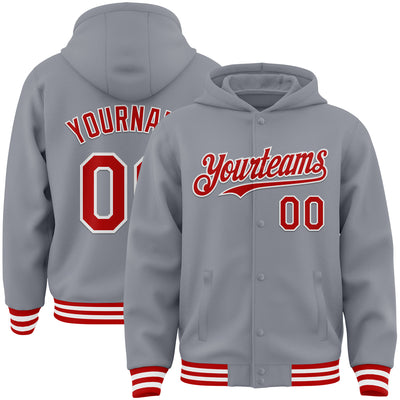 Custom Gray Red-White Bomber Full-Snap Varsity Letterman Hoodie Jacket