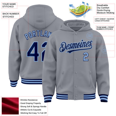 Custom Gray Navy-Light Blue Bomber Full-Snap Varsity Letterman Hoodie Jacket