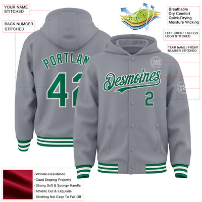 Custom Gray Kelly Green-White Bomber Full-Snap Varsity Letterman Hoodie Jacket