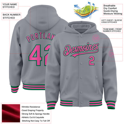 Custom Gray Pink-Kelly Green Bomber Full-Snap Varsity Letterman Hoodie Jacket