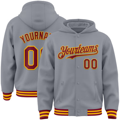 Custom Gray Crimson-Gold Bomber Full-Snap Varsity Letterman Hoodie Jacket