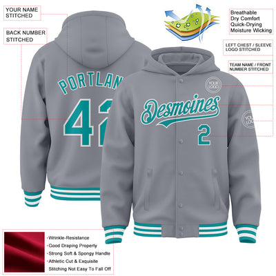 Custom Gray Teal-White Bomber Full-Snap Varsity Letterman Hoodie Jacket