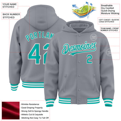 Custom Gray Aqua-White Bomber Full-Snap Varsity Letterman Hoodie Jacket