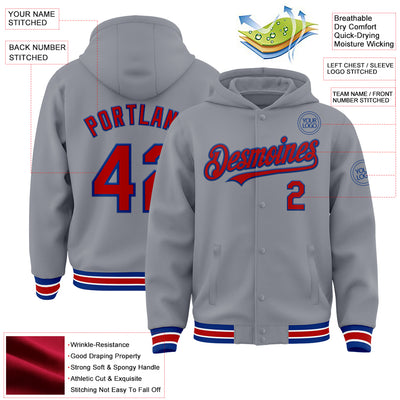 Custom Gray Red-Royal Bomber Full-Snap Varsity Letterman Hoodie Jacket