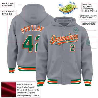 Custom Gray Kelly Green-Orange Bomber Full-Snap Varsity Letterman Hoodie Jacket