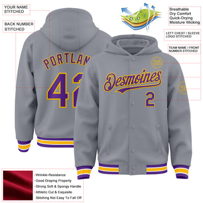 Custom Gray Purple-Gold Bomber Full-Snap Varsity Letterman Hoodie Jacket