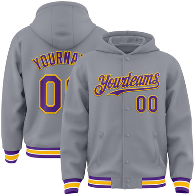 Custom Gray Purple-Gold Bomber Full-Snap Varsity Letterman Hoodie Jacket