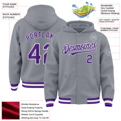 Custom Gray Purple-White Bomber Full-Snap Varsity Letterman Hoodie Jacket