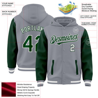 Custom Gray Green-White Bomber Full-Snap Varsity Letterman Two Tone Hoodie Jacket