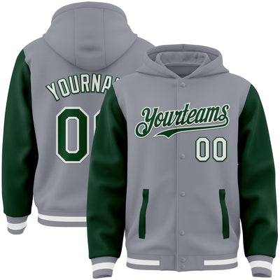 Custom Gray Green-White Bomber Full-Snap Varsity Letterman Two Tone Hoodie Jacket