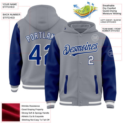 Custom Gray Royal-White Bomber Full-Snap Varsity Letterman Two Tone Hoodie Jacket