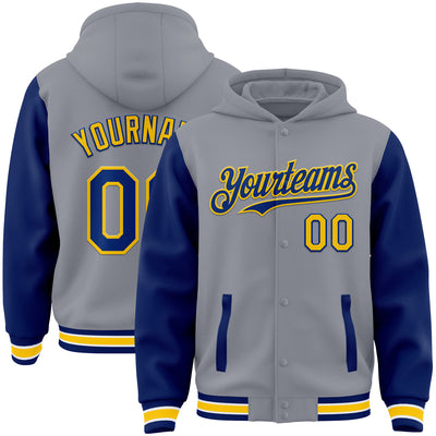 Custom Gray Royal-Yellow Bomber Full-Snap Varsity Letterman Two Tone Hoodie Jacket