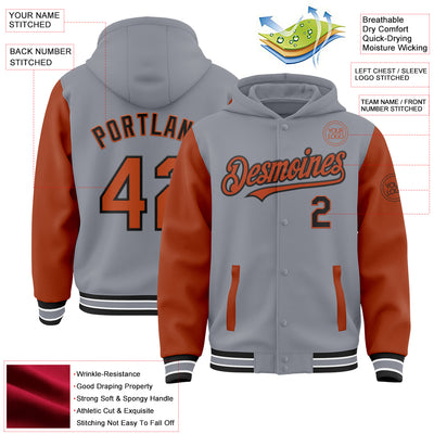 Custom Gray Texas Orange-Black Bomber Full-Snap Varsity Letterman Two Tone Hoodie Jacket