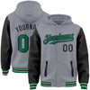 Custom Gray Kelly Green Black-Cream Bomber Full-Snap Varsity Letterman Two Tone Hoodie Jacket