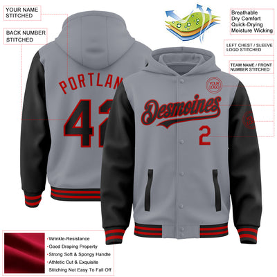 Custom Gray Black-Red Bomber Full-Snap Varsity Letterman Two Tone Hoodie Jacket