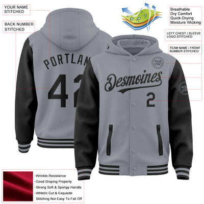 Custom Gray Black Bomber Full-Snap Varsity Letterman Two Tone Hoodie Jacket