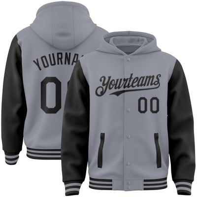 Custom Gray Black Bomber Full-Snap Varsity Letterman Two Tone Hoodie Jacket