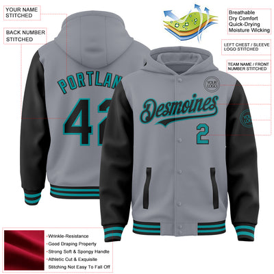 Custom Gray Black-Teal Bomber Full-Snap Varsity Letterman Two Tone Hoodie Jacket