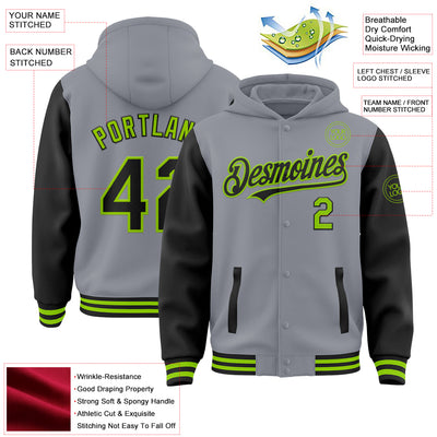 Custom Gray Black-Neon Green Bomber Full-Snap Varsity Letterman Two Tone Hoodie Jacket