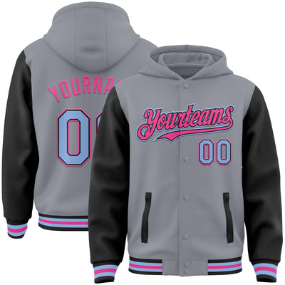 Custom Gray Light Blue Black-Pink Bomber Full-Snap Varsity Letterman Two Tone Hoodie Jacket