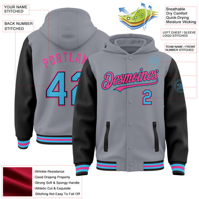 Custom Gray Sky Blue Black-Pink Bomber Full-Snap Varsity Letterman Two Tone Hoodie Jacket