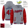 Custom Gray Red-Navy Bomber Full-Snap Varsity Letterman Two Tone Hoodie Jacket