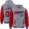 Custom Gray Red-Royal Bomber Full-Snap Varsity Letterman Two Tone Hoodie Jacket