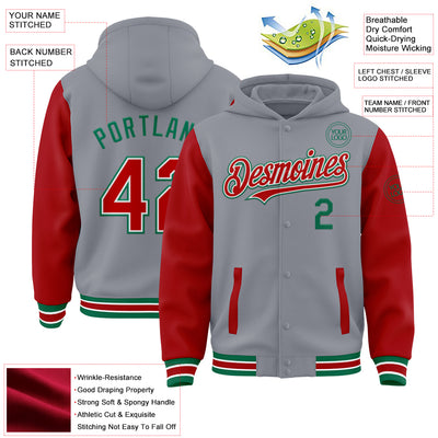 Custom Gray Red-Kelly Green Bomber Full-Snap Varsity Letterman Two Tone Hoodie Jacket