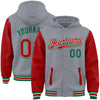 Custom Gray Red-Kelly Green Bomber Full-Snap Varsity Letterman Two Tone Hoodie Jacket