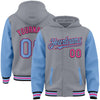 Custom Gray Light Blue Black-Pink Bomber Full-Snap Varsity Letterman Two Tone Hoodie Jacket