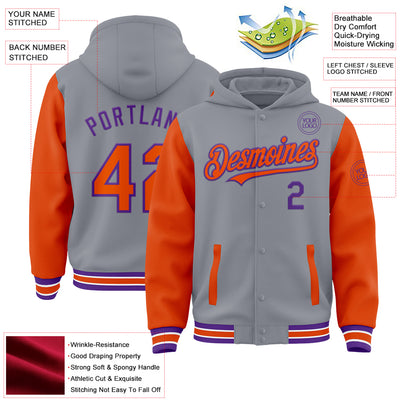 Custom Gray Orange-Purple Bomber Full-Snap Varsity Letterman Two Tone Hoodie Jacket