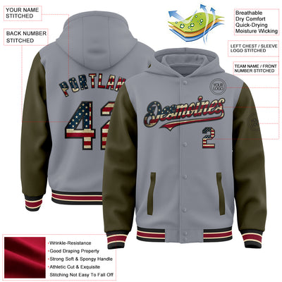 Custom Gray Vintage USA Flag Olive Black City Cream-Crimson Bomber Full-Snap Varsity Letterman Two Tone Hoodie Jacket