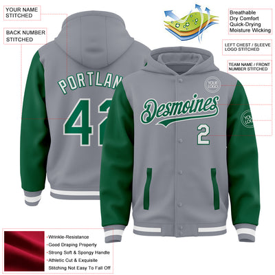 Custom Gray Kelly Green-White Bomber Full-Snap Varsity Letterman Two Tone Hoodie Jacket