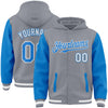 Custom Gray Powder Blue-White Bomber Full-Snap Varsity Letterman Two Tone Hoodie Jacket