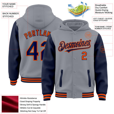 Custom Gray Navy-Orange Bomber Full-Snap Varsity Letterman Two Tone Hoodie Jacket