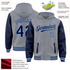 Custom Gray Navy-Light Blue Bomber Full-Snap Varsity Letterman Two Tone Hoodie Jacket