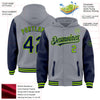 Custom Gray Navy-Neon Green Bomber Full-Snap Varsity Letterman Two Tone Hoodie Jacket