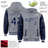 Custom Gray Navy-White Bomber Full-Snap Varsity Letterman Two Tone Hoodie Jacket