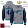 Custom Gray Navy-Teal Bomber Full-Snap Varsity Letterman Two Tone Hoodie Jacket