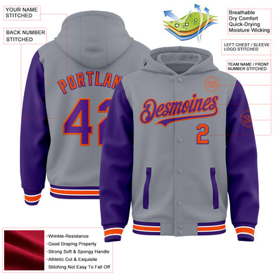 Custom Gray Purple-Orange Bomber Full-Snap Varsity Letterman Two Tone Hoodie Jacket