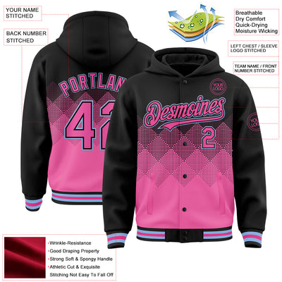 Custom Black Pink-Light Blue Gradient Square Shape 3D Pattern Design Bomber Full-Snap Varsity Letterman Hoodie Jacket