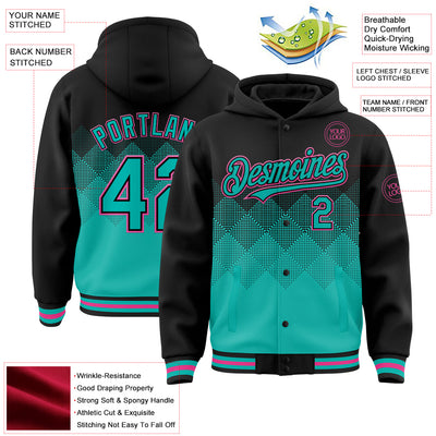 Custom Black Aqua-Pink Gradient Square Shape 3D Pattern Design Bomber Full-Snap Varsity Letterman Hoodie Jacket