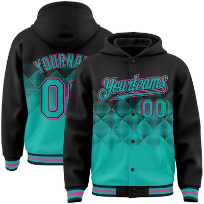 Custom Black Aqua-Pink Gradient Square Shape 3D Pattern Design Bomber Full-Snap Varsity Letterman Hoodie Jacket