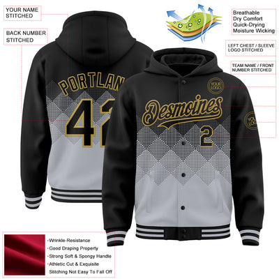 Custom Black Gray-Old Gold Gradient Square Shape 3D Pattern Design Bomber Full-Snap Varsity Letterman Hoodie Jacket