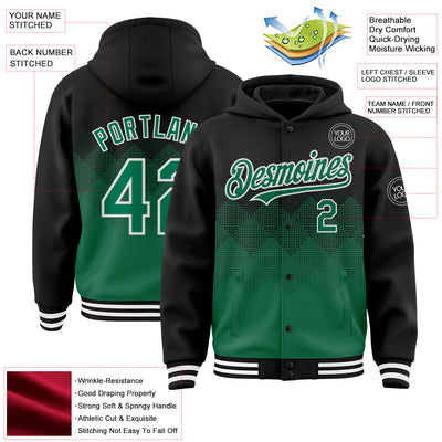 Custom Black Kelly Green-White Gradient Square Shape 3D Pattern Design Bomber Full-Snap Varsity Letterman Hoodie Jacket